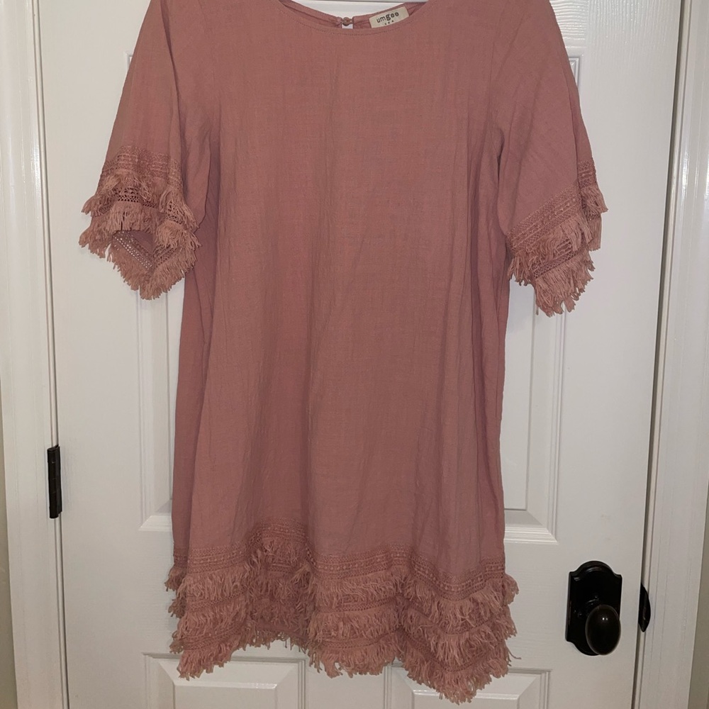 Linen/Gauze Blush Fringed Dress